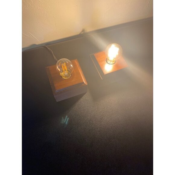 Pair of Minimalist Cube Square Wooden Block Desk Table Lamp 2 MCM WORKING - Picture 2 of 8